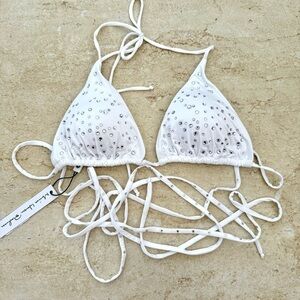 NWT! Monica Hansen Swim Triangle Top in White with Swarovski Crystals, Size M